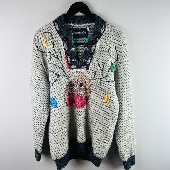 Vintage Chinook Sweater Adult Christmas Reindeer Wool Sweater Handmade - Picture 1 of 8